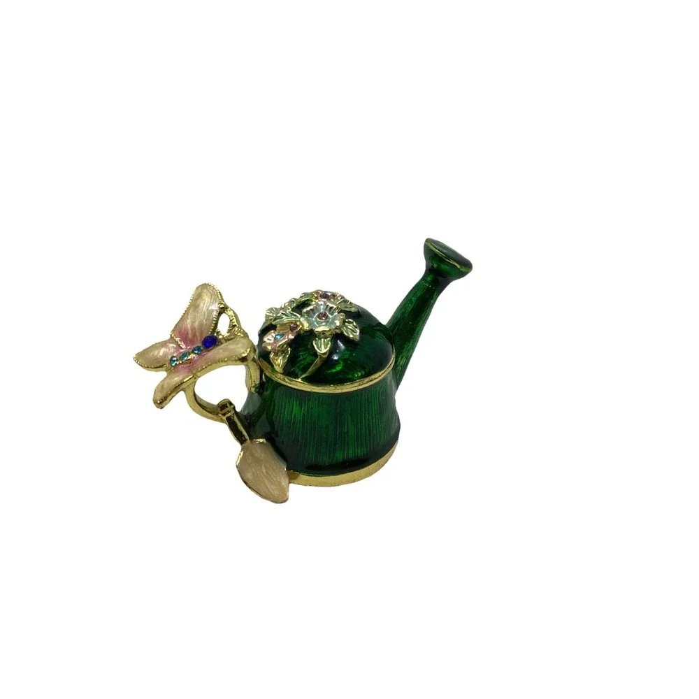 Watering Can Trinket Box Butterfly Flowers Rhinestone Green Enameled